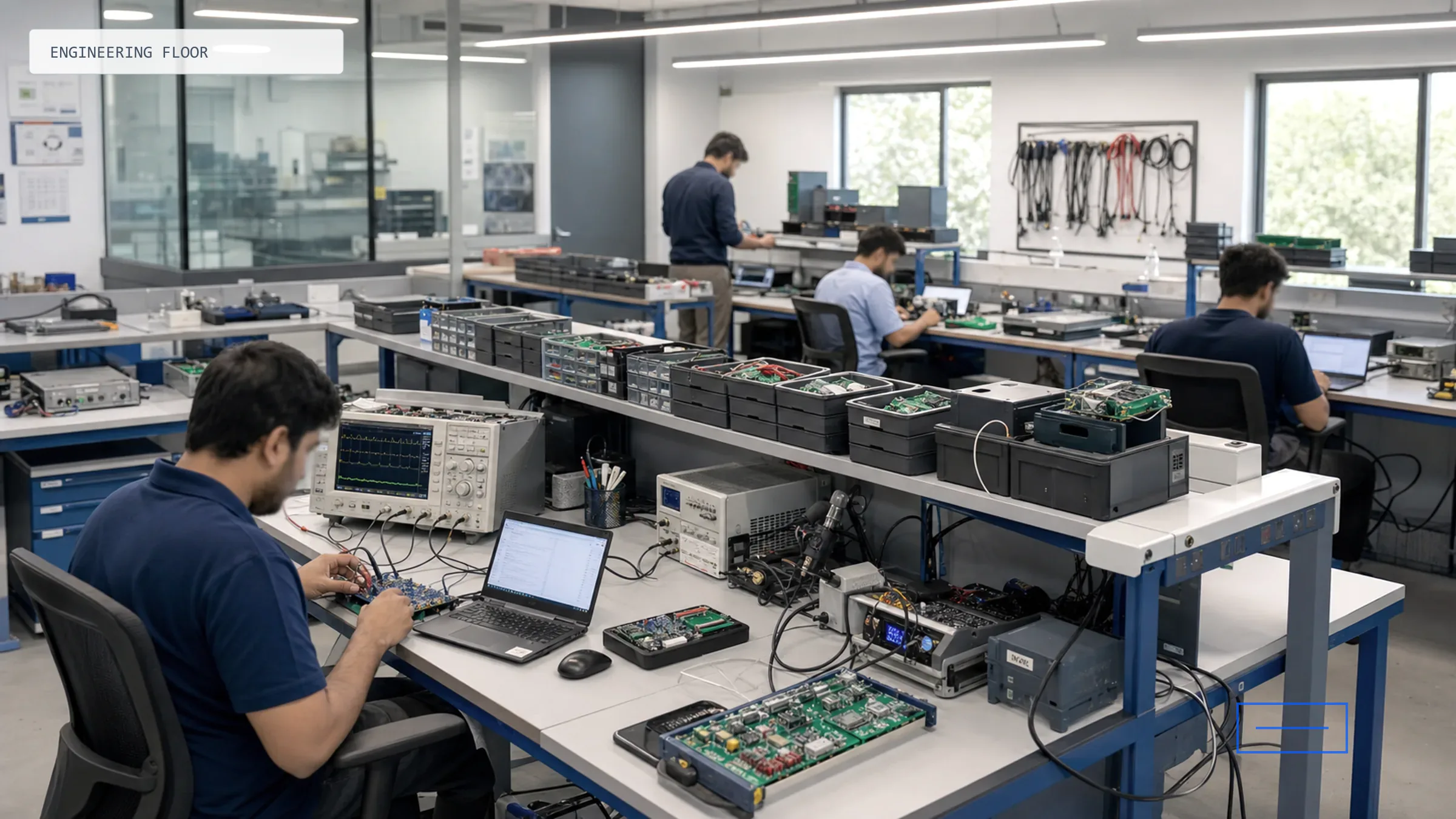 The Webber engineering floor: benches, oscilloscopes and boards under test