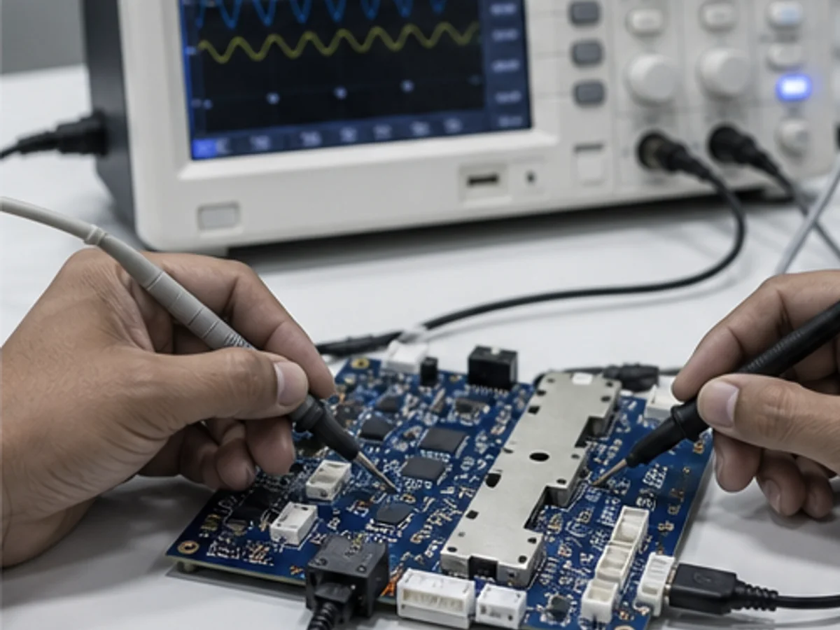 Engineer probing a BMS board at an oscilloscope